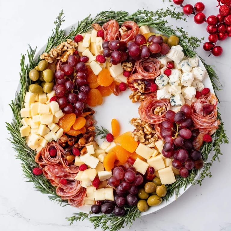Delicious Holiday Wreath Cheese Platter, featuring brie, cheddar, grapes, and prosciutto ready to serve for the party.