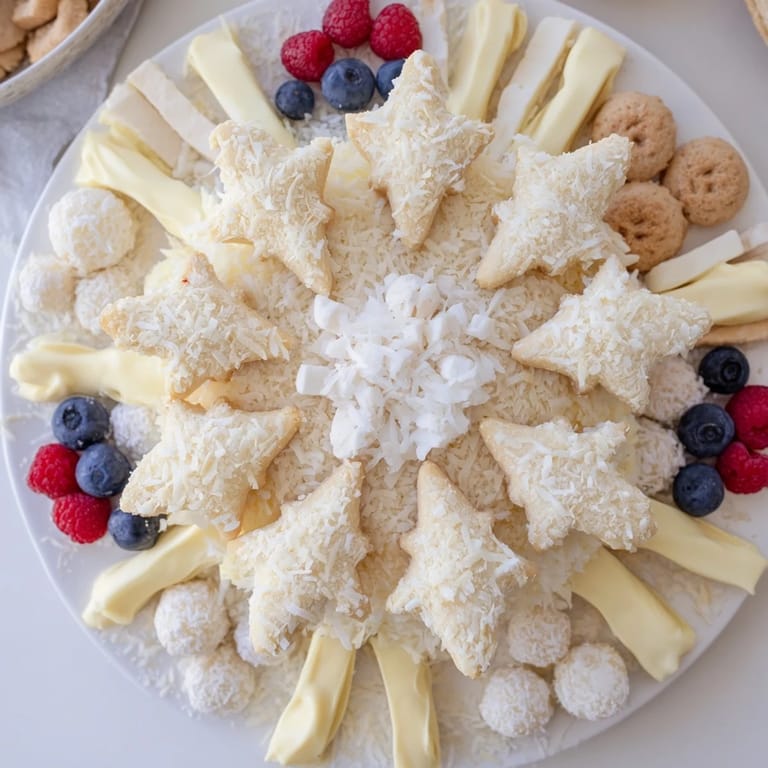 This Snowflake Dessert Board features a beautiful arrangement of cookies and candies for holiday gatherings.