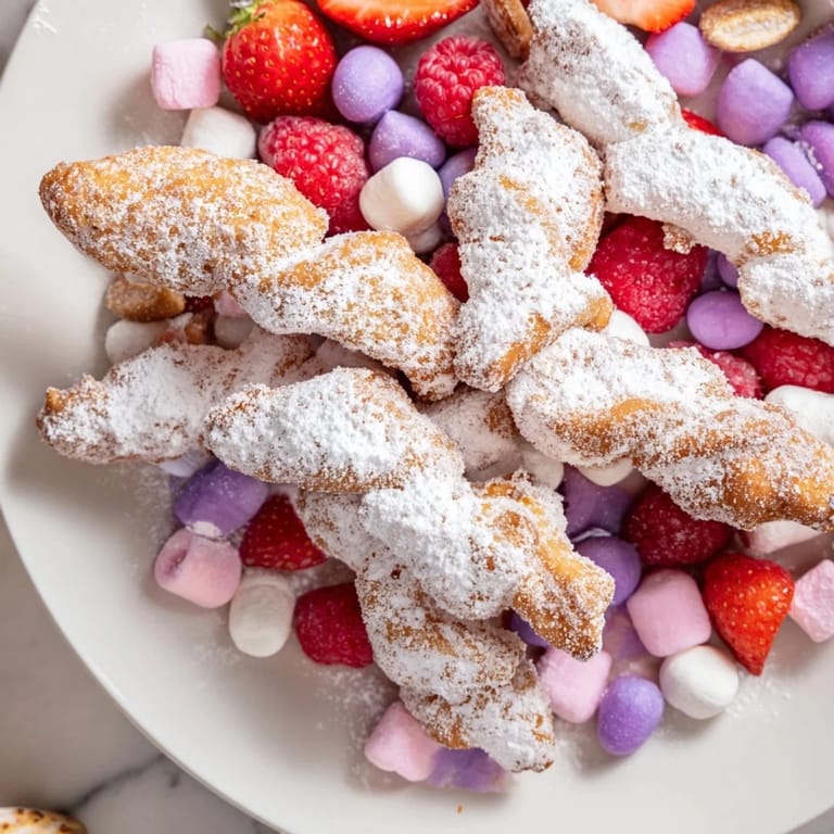Golden, fried angel wings (faworki) dusted with powdered sugar, part of a festive dessert board.