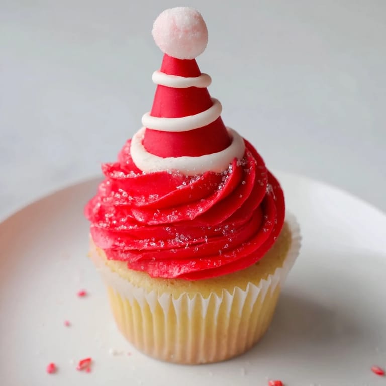 Vivid image: A towering Elf Hat Cupcake arrangement, perfect for holiday gatherings, ready to eat.
