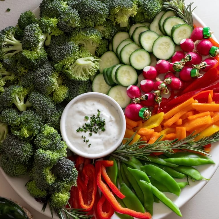 Fresh, colorful Wreath Veggie Dip Platter with a variety of raw vegetables and a central dip bowl.