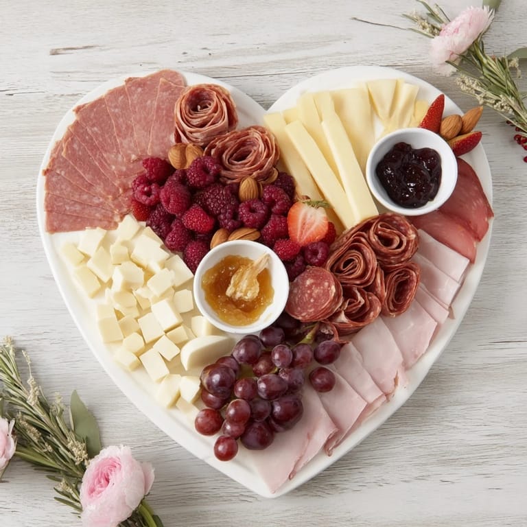 This romantic heart-shaped charcuterie board includes tasty cured meats, cheeses, and fresh vibrant berries for sharing.