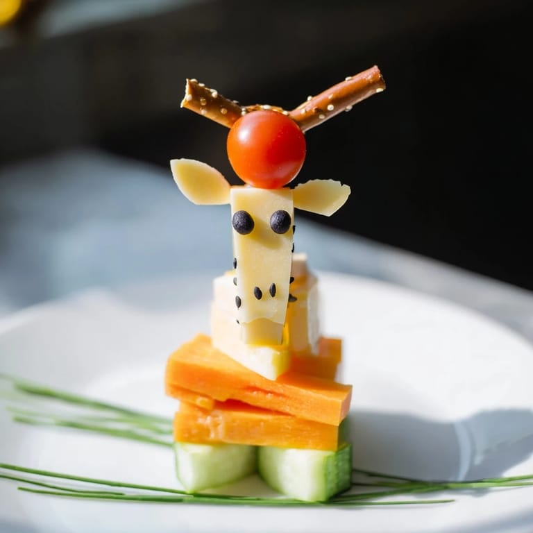 Adorable Long-Necked Giraffe Snack Tower: Imagine this healthy snack with layers of cheese, veggies and fruit.