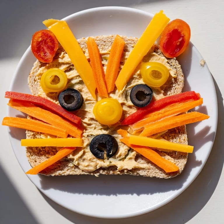 King of the Jungle Lion Lunch Board: Hummus-covered sandwich "faces" surrounded by carrot manes, a fun kids lunch.