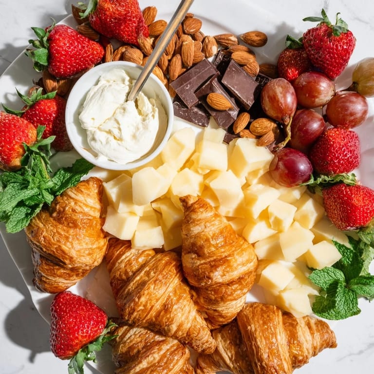 This festive Gift Box Brunch Board Delight includes croissants, brie, and berries, ready to enjoy together.