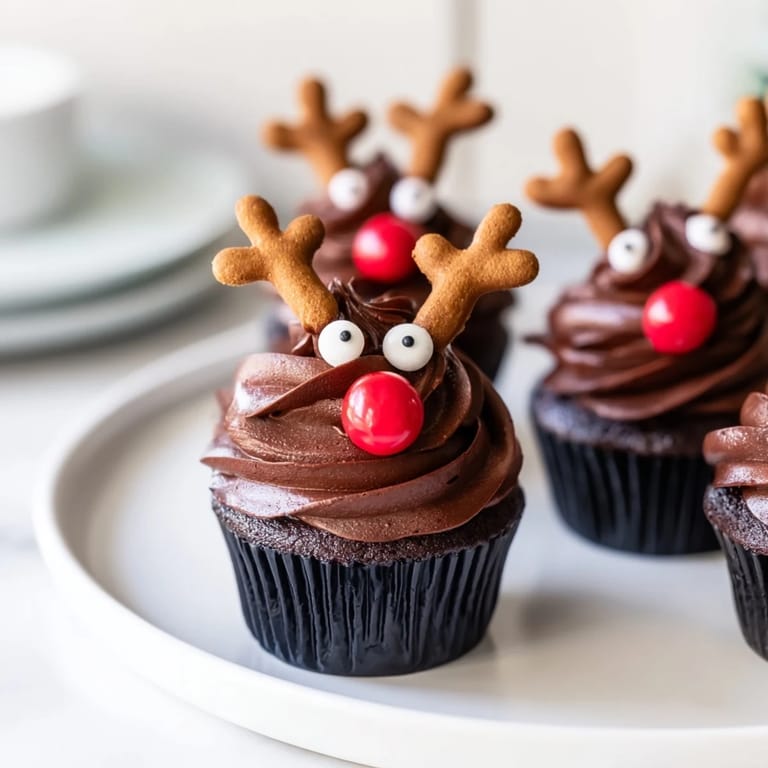 Chocolate reindeer cupcakes star on the Reindeer Holiday Dessert Platter, with gingerbread antlers and berries.