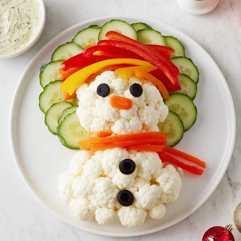 Festive Snowman Crudités, a colorful array of fresh veggies arranged into a fun appetizer idea.