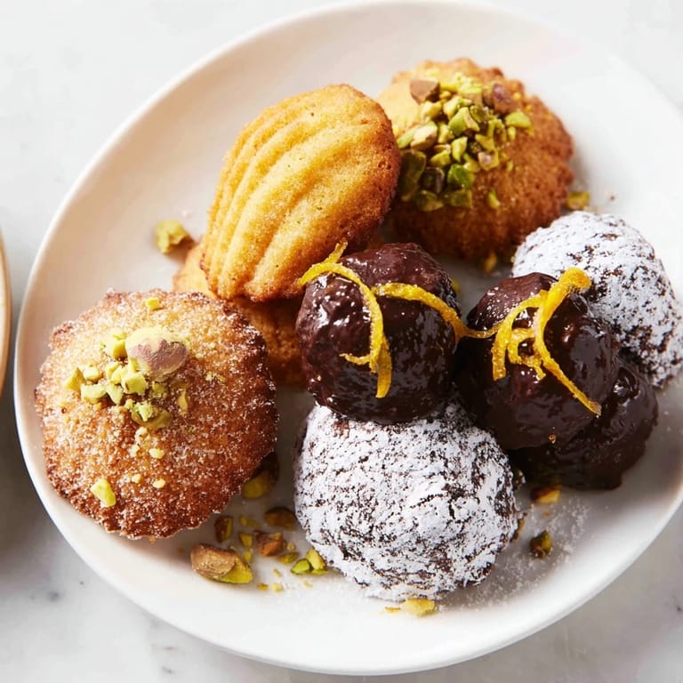 Savoureuses Mignardises Bonne Année 2026, incluant financier, truffes, et madeleines, prêtes pour être savourées ensemble.