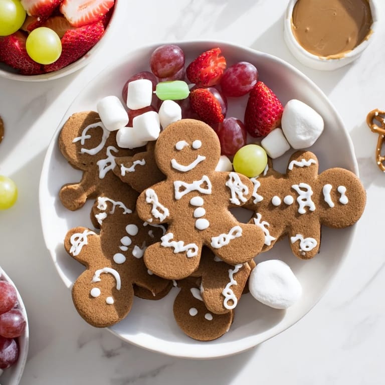 Vibrant Gingerbread Man Cookie Board: Frosted cookies surround chocolate pretzels, fruit, and sweet dips.