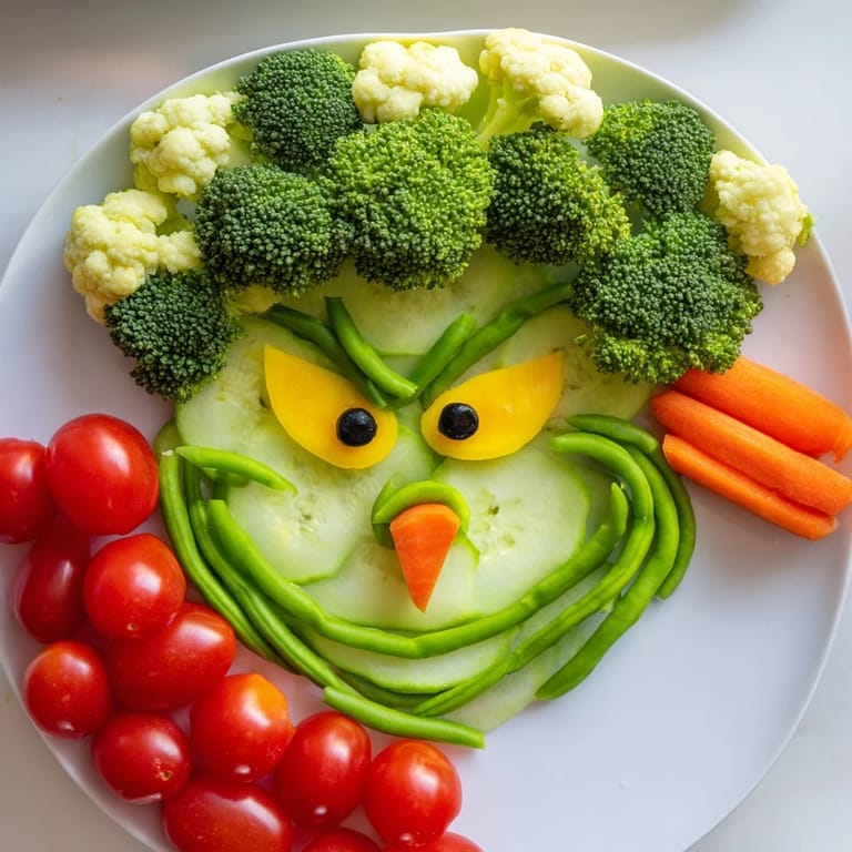 This healthy Savory Crudités Grinch Face platter features a grinning face of fresh, colorful vegetables.
