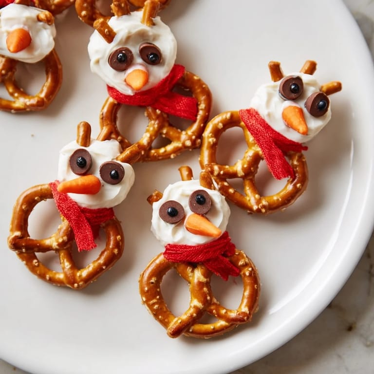 Festive Snowman Pretzel bites, with chocolate chip eyes and carrot noses, ready to dip and savor.