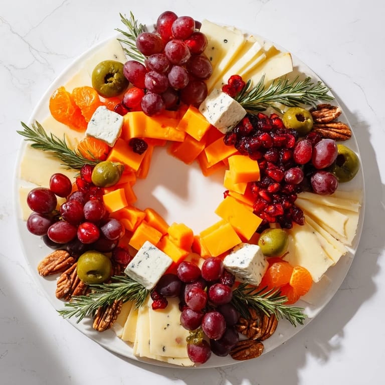 Delicious Holiday Wreath Cheese Ring with various cheeses and fruits, visually appealing for a holiday party spread.