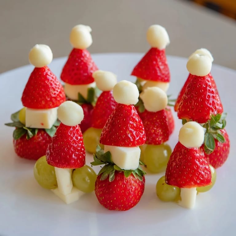 Festive Santa Hat Fruit and Cheese Platter: Juicy strawberries with creamy mozzarella, ready to serve.