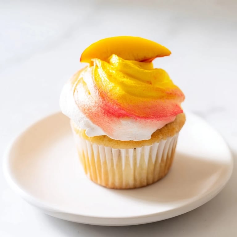 Fresh and colorful Mango Strawberry Sunset Cupcakes, perfect for a summer dessert table display.