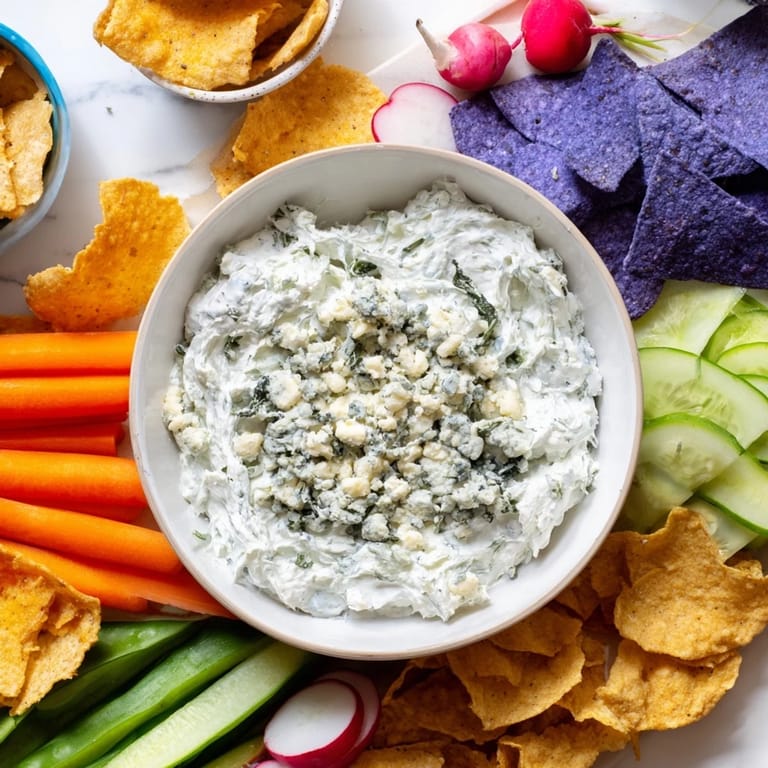 This Frozen Pond Blue Dip Platter shows a creamy blue cheese dip encircled by colorful dippers for dipping.