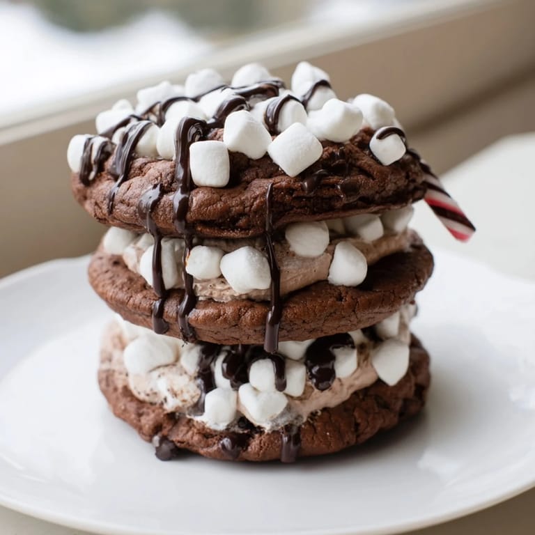 Warm mug of Hot Cocoa Mug Cookie Stack with fluffy frosting and mini marshmallows.