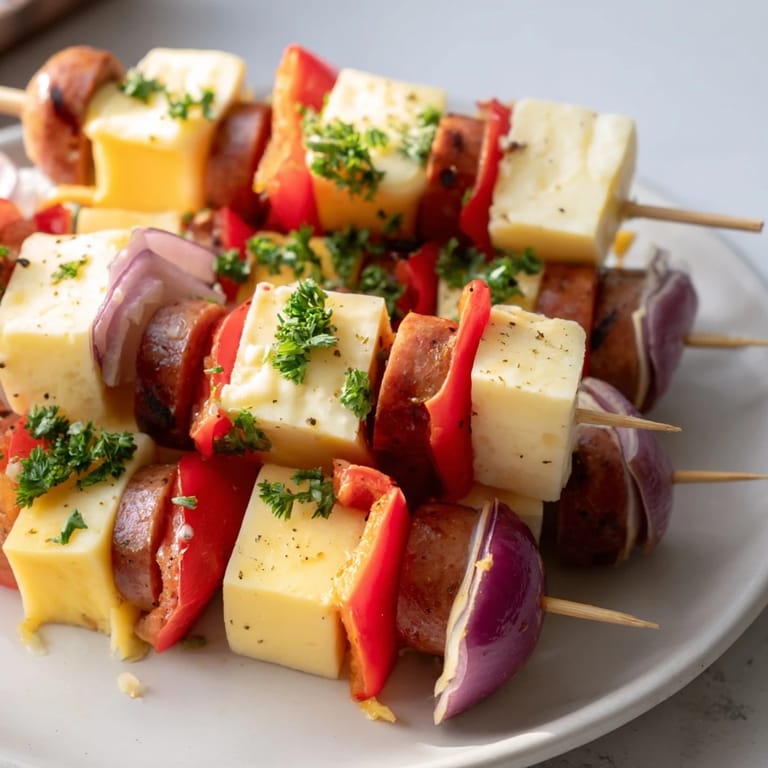 Grilled Savory Skewers: Chimney Stack Sausage and Cheese; imagine savory bites on skewers, delicious appetizer.