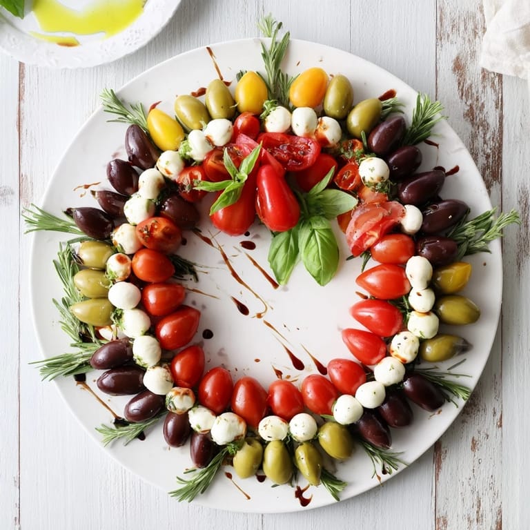 Mediterranean-style olive and cherry tomato appetizer wreath, beautifully garnished and ready to serve.