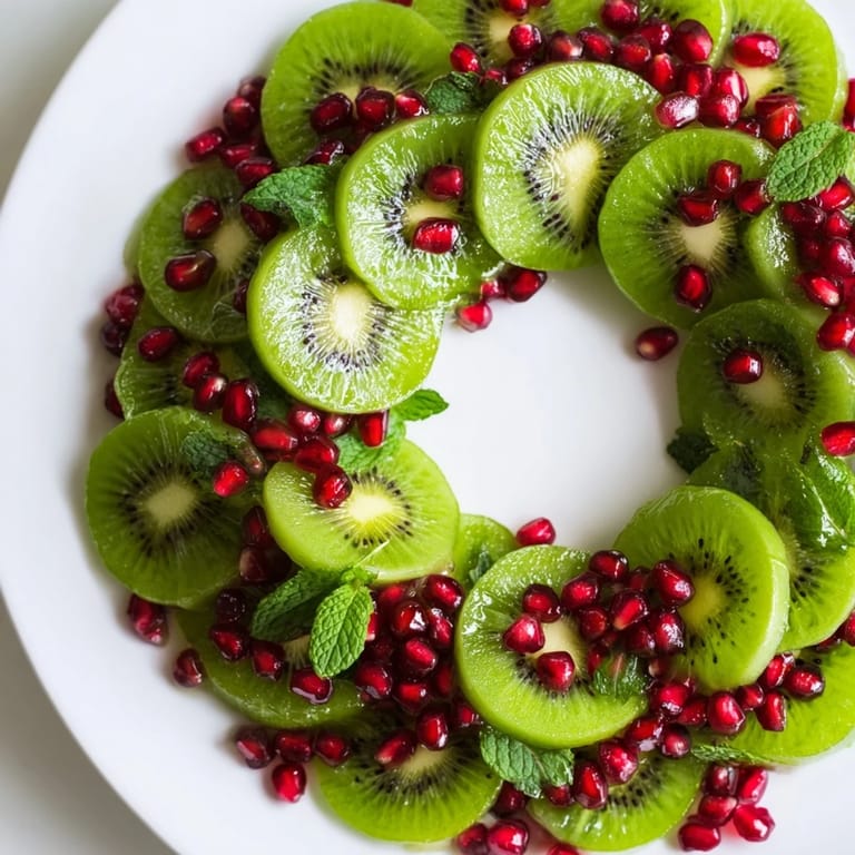 Imagine a beautiful kiwi and pomegranate Christmas wreath, perfect for Christmas, adorned with juicy red jewels for the holidays.
