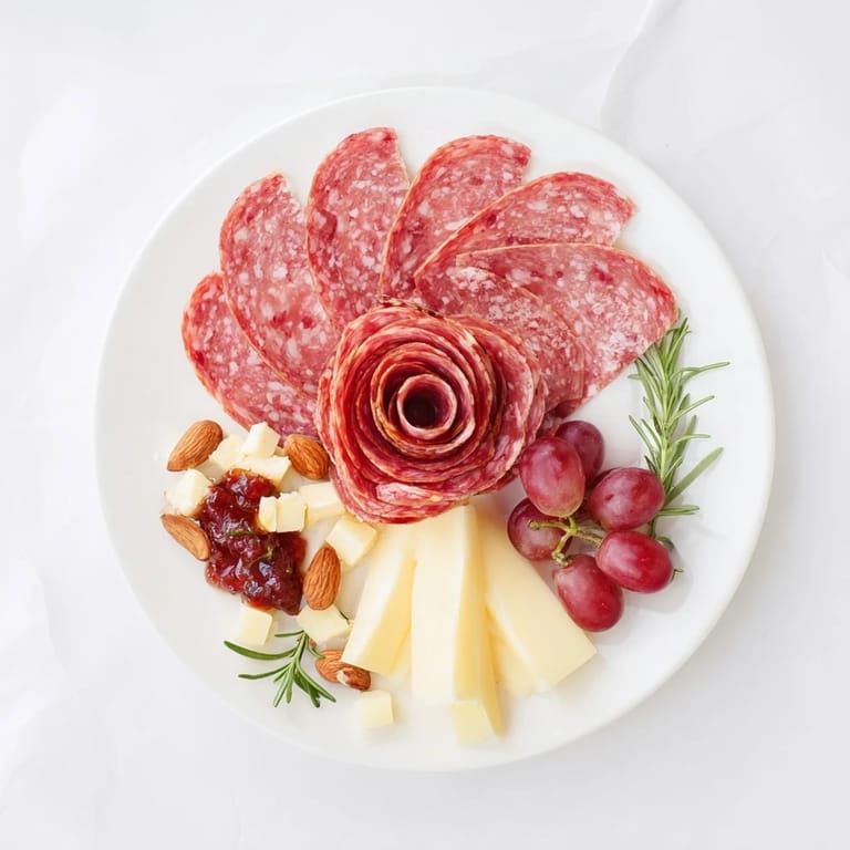 This Easy Charcuterie board features a beautiful salami rose, brie, cheddar, and sweet strawberries, ready to enjoy.