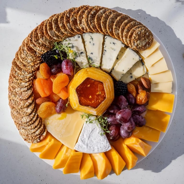 Elaborate The Gilded Hive appetizer features artistic cut cheeses, crackers, and fruits around a golden honeycomb.
