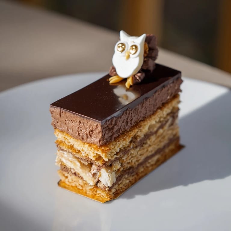 Elegant "Plaisirs Sucrés Hibou de la Nuit" entremets, featuring rich chocolate mousse and glaze dripping.