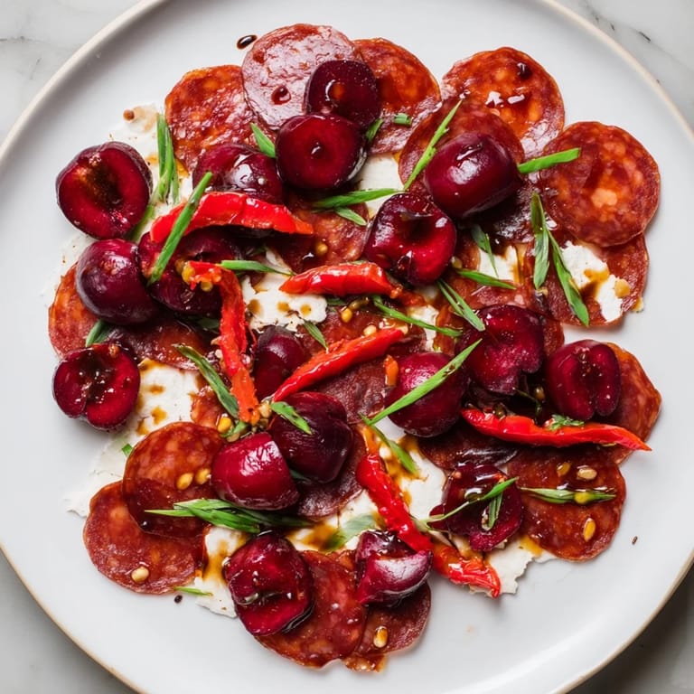 A visually appealing "Crimson Tide" appetizer: spicy chorizo, sweet cherries, and red peppers on crackers, perfect for any party.