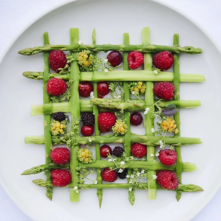 Enjoy this refreshing botanical lattice appetizer, showcasing woven asparagus, juicy berries, ready to serve.