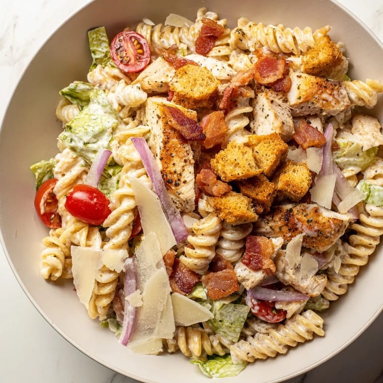 Grilled chicken and rotini pasta tossed in creamy Caesar dressing for this Chicken Caesar Pasta Salad.
