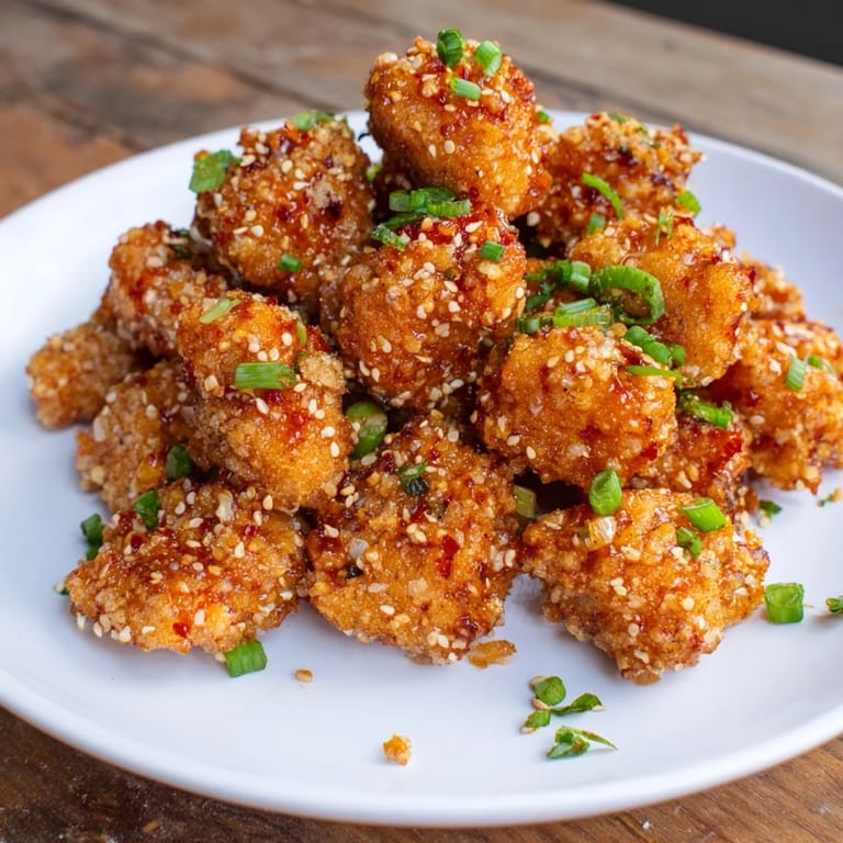 Golden brown Honey-Sriracha chicken bites, coated in a luscious sauce, perfect for sharing.