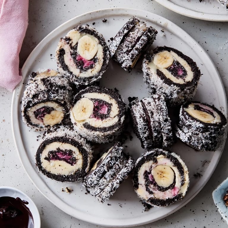 These unique Oreo cookie sushi rolls are served with a glossy dark chocolate dipping sauce – a fun dessert!