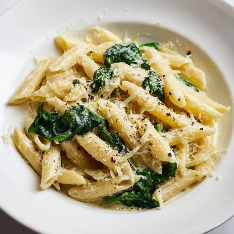 Warm, comforting creamy spinach pasta with a drizzle of pepper; perfect for dinner.