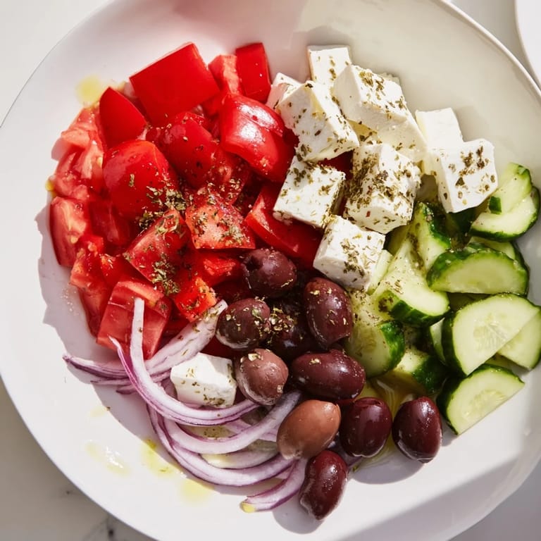 This bright Mediterranean Salad features juicy tomatoes, olives, and feta, delicious and easy to make.