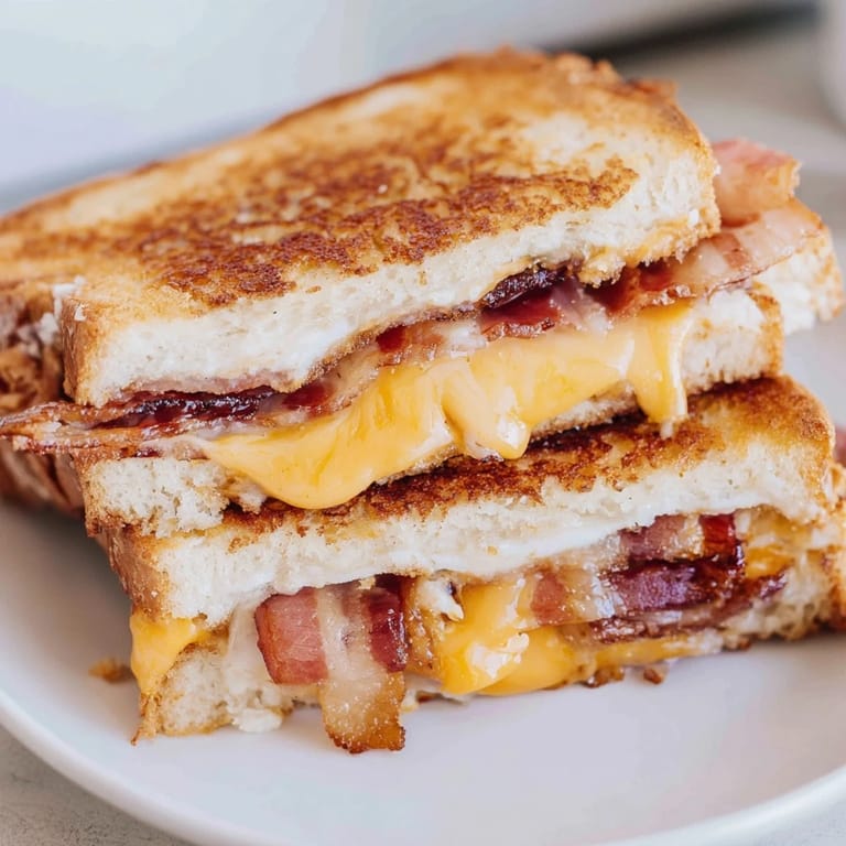 Warm, toasted Crispy Bacon Cheddar Grilled Cheese cut in half, perfect for a cozy, satisfying lunch.
