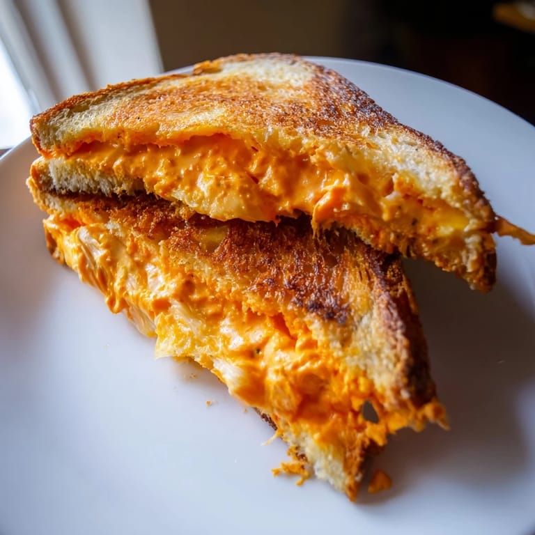 Crispy Spiked Grilled Cheese showcasing oozing cheese and a vibrant, spicy sriracha mayo coating the bread.
