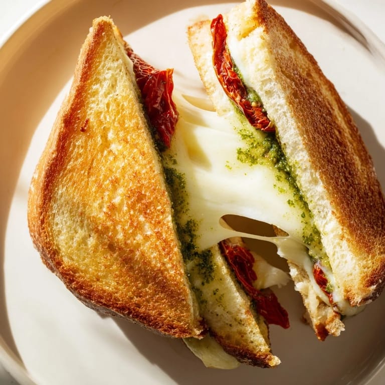 Freshly made pesto grilled cheese, a warm sandwich with melted mozzarella and perfectly toasted bread.