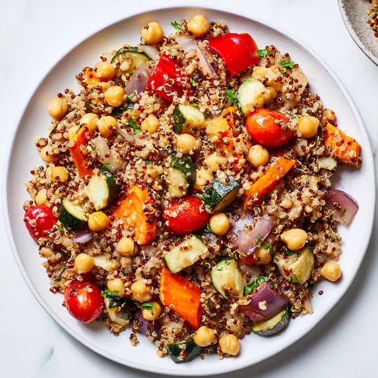 A close-up of a vibrant Quinoa Power Salad with roasted vegetables, for a delicious lunch.