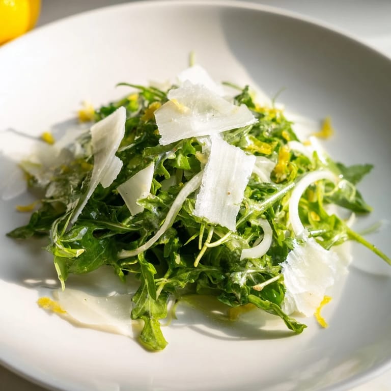 Tangy arugula salad with lemon dressing, ready to be tossed and enjoyed.