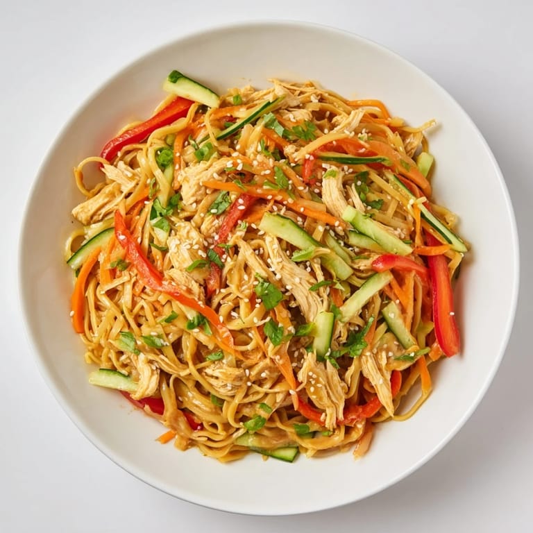 Enjoy a refreshing Chilled Chicken Noodle Salad, featuring perfectly tossed noodles and colorful vegetables.