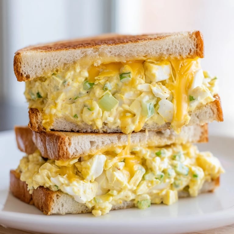 Melted cheese oozes from a grilled egg salad sandwich, ready to be devoured with crispy edges.