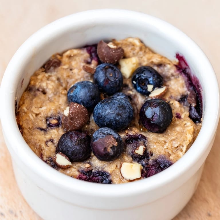 A close-up of golden blueberry baked oats with fresh blueberries creating a beautiful dessert.