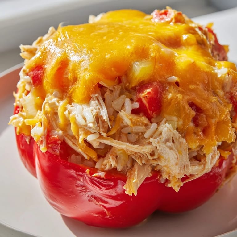 Golden, bubbly Cheesy Chicken Stuffed Peppers, a comforting American dinner, ready to serve with a garnish.