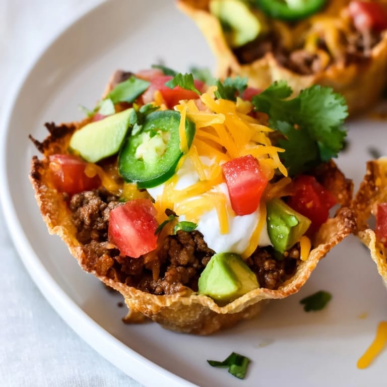 A close-up of cheesy mini taco cups, a delicious party food loaded with tasty toppings.