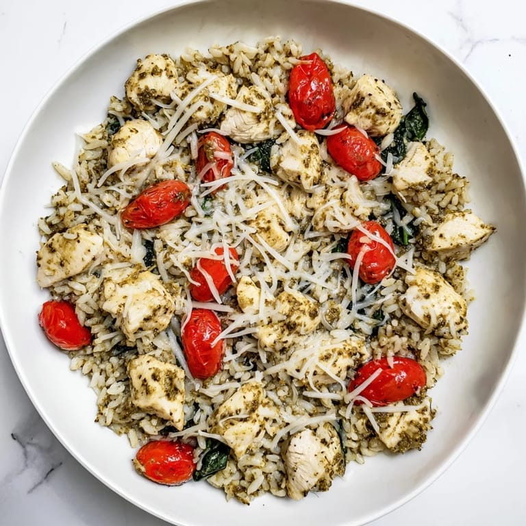 This creamy Chicken Pesto Rice Bake features tender chicken, flavorful pesto, and a cheesy, baked crust.