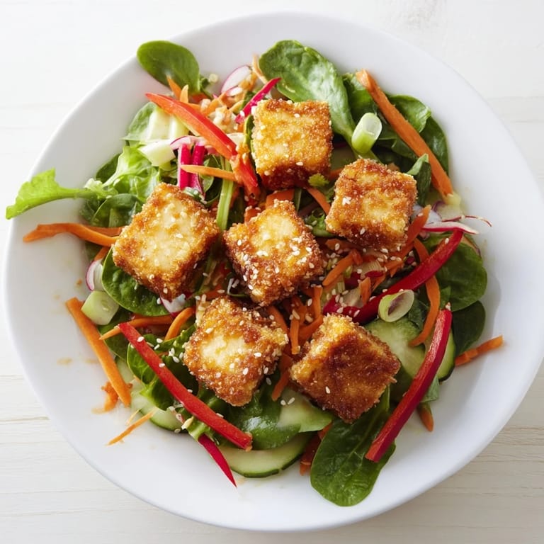 A light and flavorful crispy tofu salad, featuring fried tofu on a bed of greens for a satisfying meal.