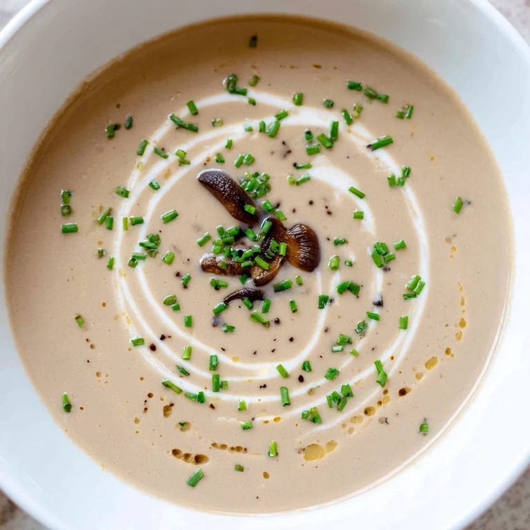 Velvety smooth creamy mushroom bisque, a comforting French soup with truffle oil drizzle.