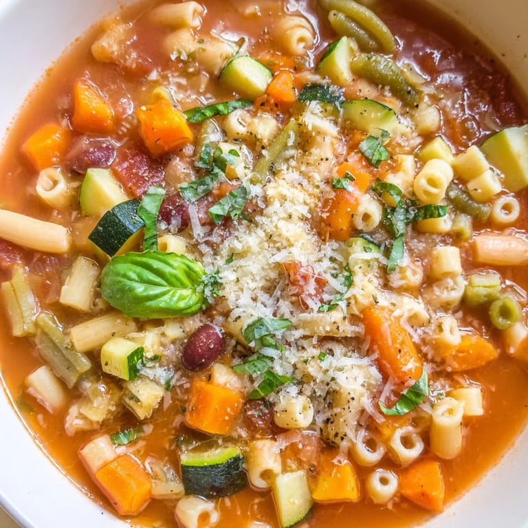 Close-up of the flavorful Tomato Basil Minestrone, garnished with fresh herbs before serving.