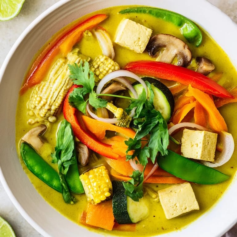 Close-up of a flavorful Thai Green Curry Coconut Soup, garnished with vibrant herbs and lime.