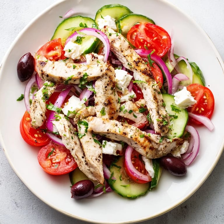 Juicy grilled chicken slices atop a vibrant Greek salad, ready for a healthy meal.