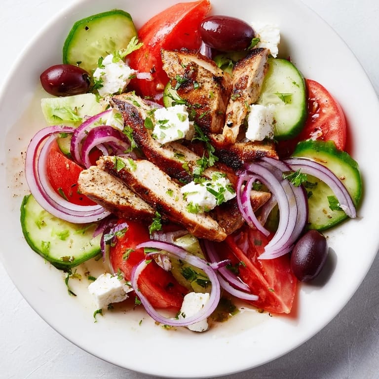 Close-up of a delicious Greek salad with grilled chicken, perfect for a summer lunch.